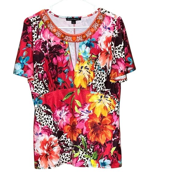 Boston Proper Beaded Neckline Floral Cheetah Print Shirt Size M Office Travel - Picture 1 of 7
